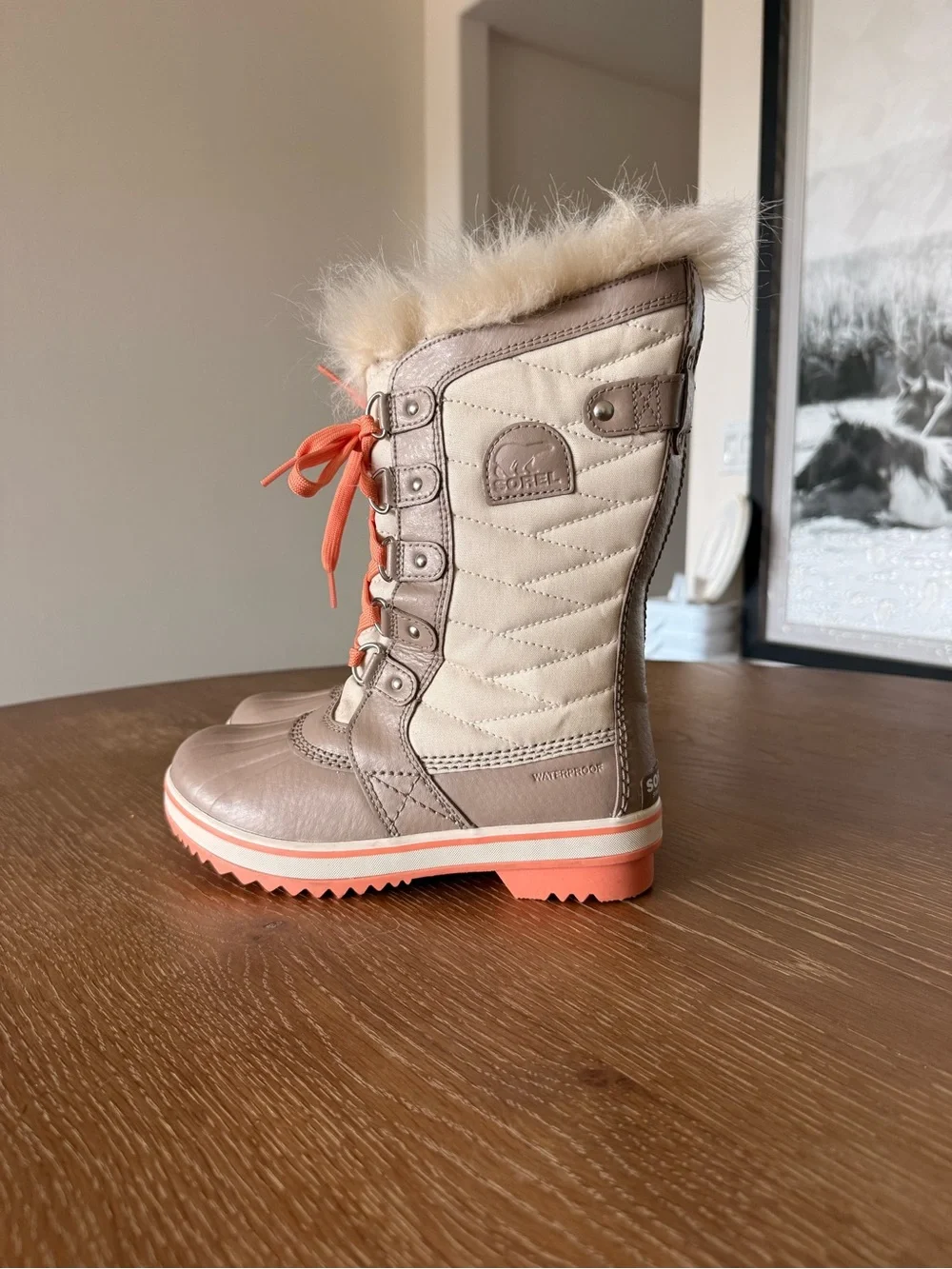 Sorel Kids Beige and Coral Winter Lace-Up Boots with Faux Fur Trim